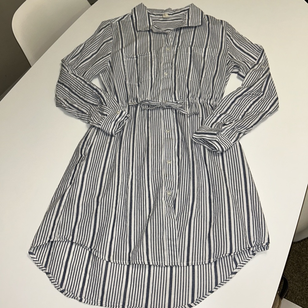 Cotton Long sleeve striped button down shirt dress white blue tie waist size Med
